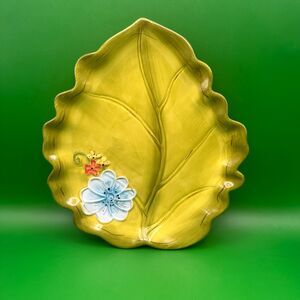 Laurie Gates Hailey Green Leaf Platter Hand Painted Ceramic Serving Dish 10x9